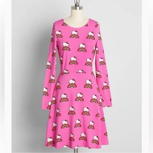 NWT ModCloth Hello Kitty Brought You A Rainbow Hot Pink AOP Long Sleeve Dress